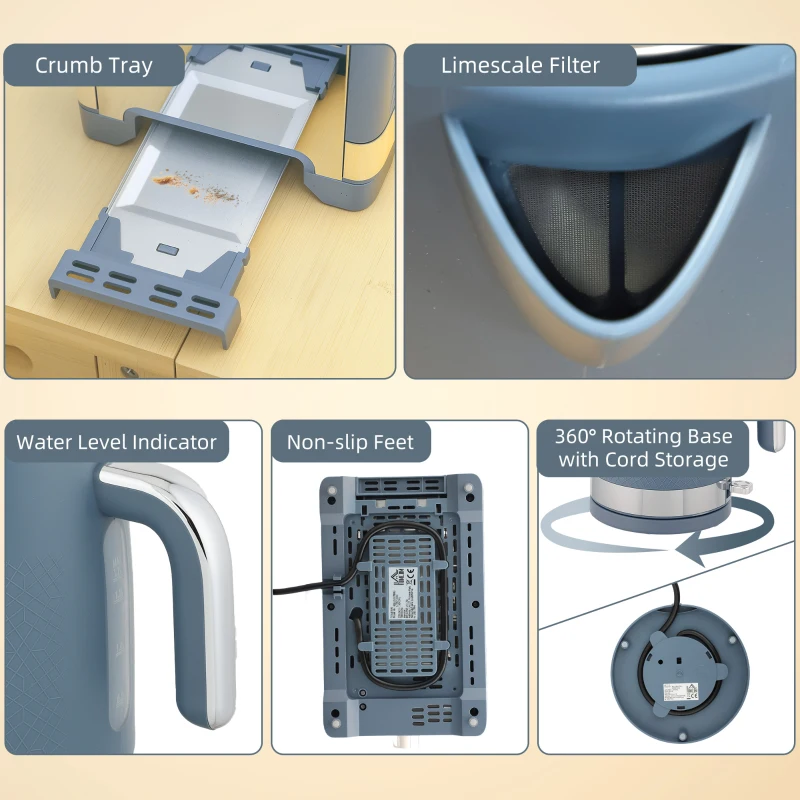 HOMCOM Sleek Textured Kettle and Toaster Set - Blue