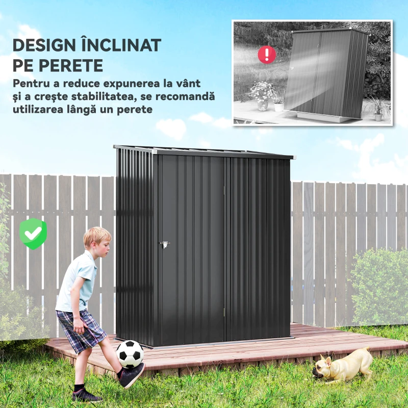Outsunny Magazie de Gradina Pentru Unelte din Tabla de Otel cu Zavor, 161.5x94.5x196cm, Negru(m-14)
