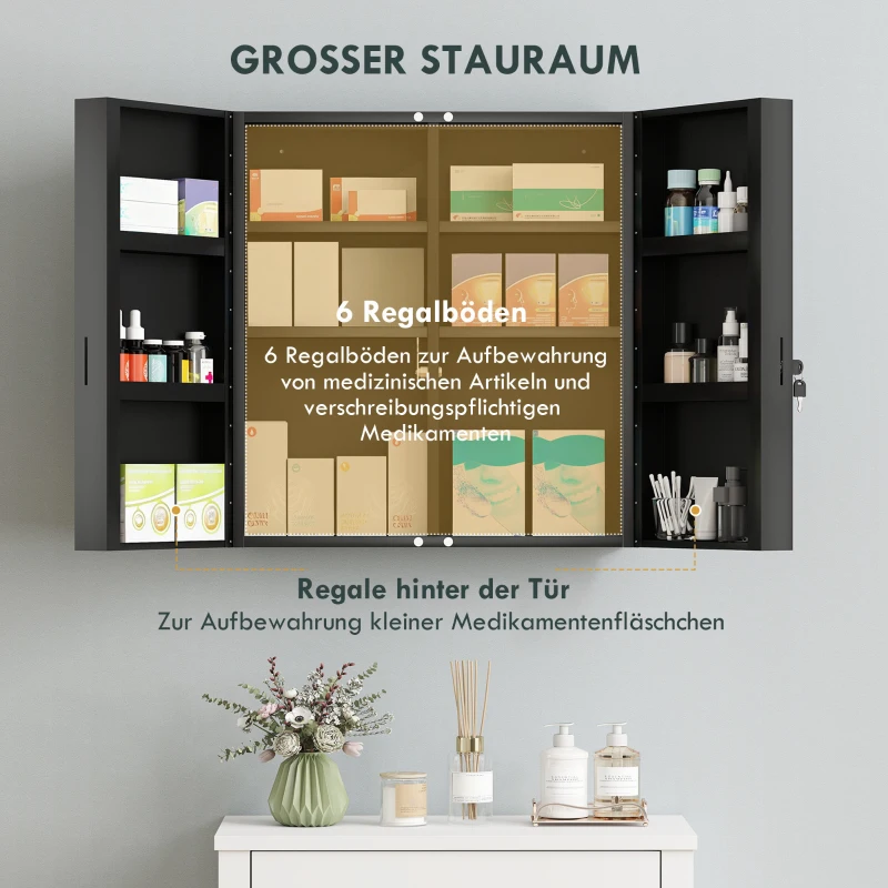 kleankin Medizinschrank, abschließbarer Medikamentenschrank mit 2 Türen und 6 Regalen, Schwarz