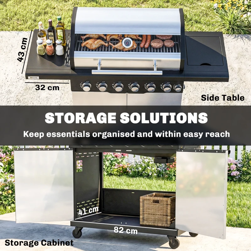 Outsunny 6+1 Burner Gas BBQ Grill, Outdoor Barbecue Trolley with Wheels, Warming Rack, Thermometer, Bottle Opener, Silver Tone