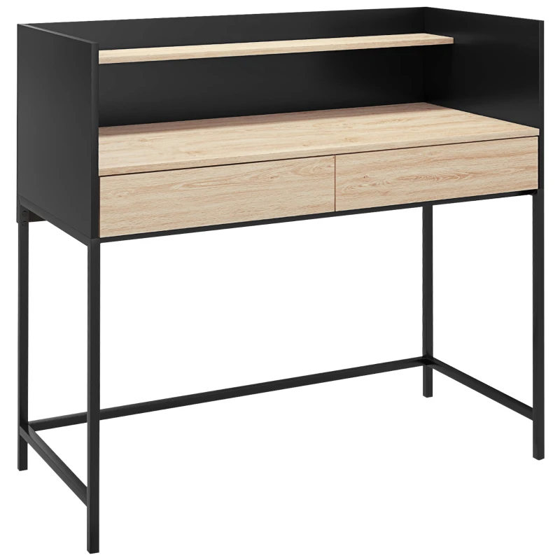 HOMCOM Bureau design Moderne, 1 étagère, 2 tiroirs, châssis métal noir panneaux particules, dim. 106l x 51,5L x 102,5H cm