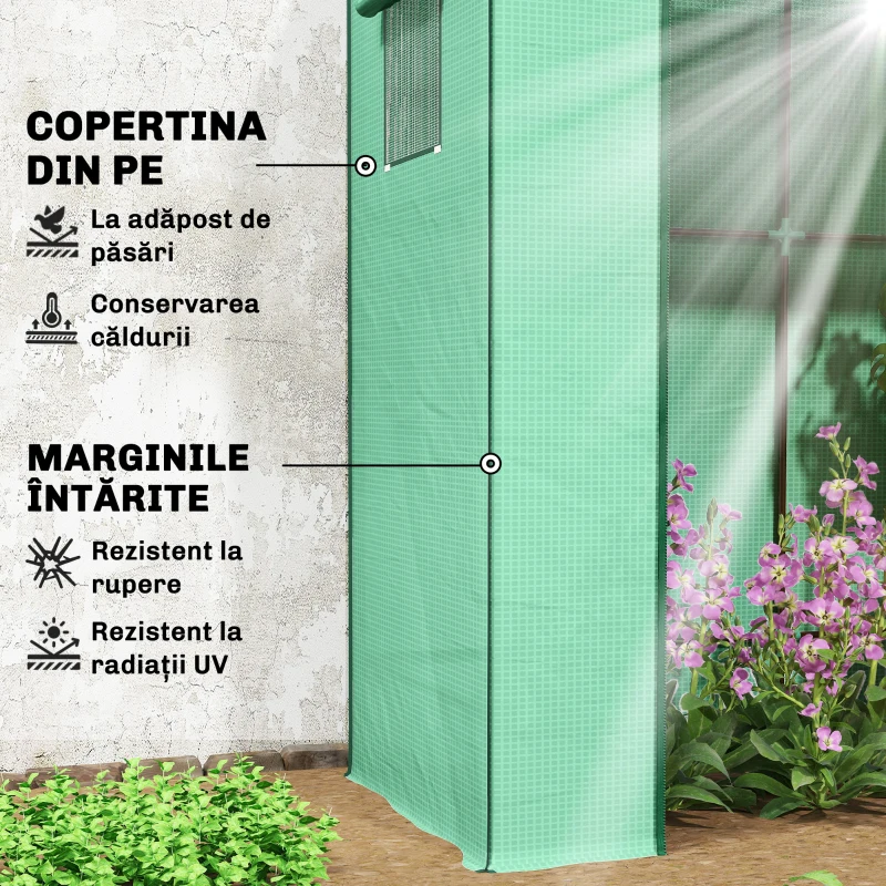 Outsunny Seră de Grădină cu Acoperiș Înclinat, 2 Ferestre și Ușă Rulabilă, Seră pentru Legume cu Structură din Oțel, Acoperire din PE Anti-UV, pentru Legume, Flori, Plante, 196x77x197 cm, Verde