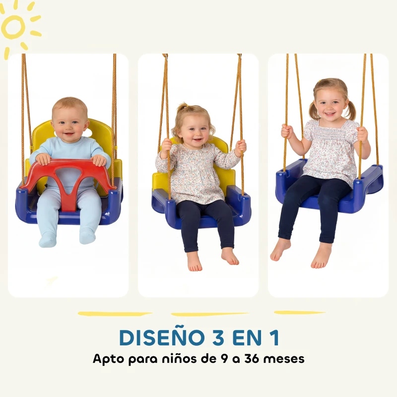 Outsunny Columpio Infantil 3 en 1 Cuerda Ajustable con Respaldo Desmontable Barra en T Cinturón de Seguridad Azul Oscuro