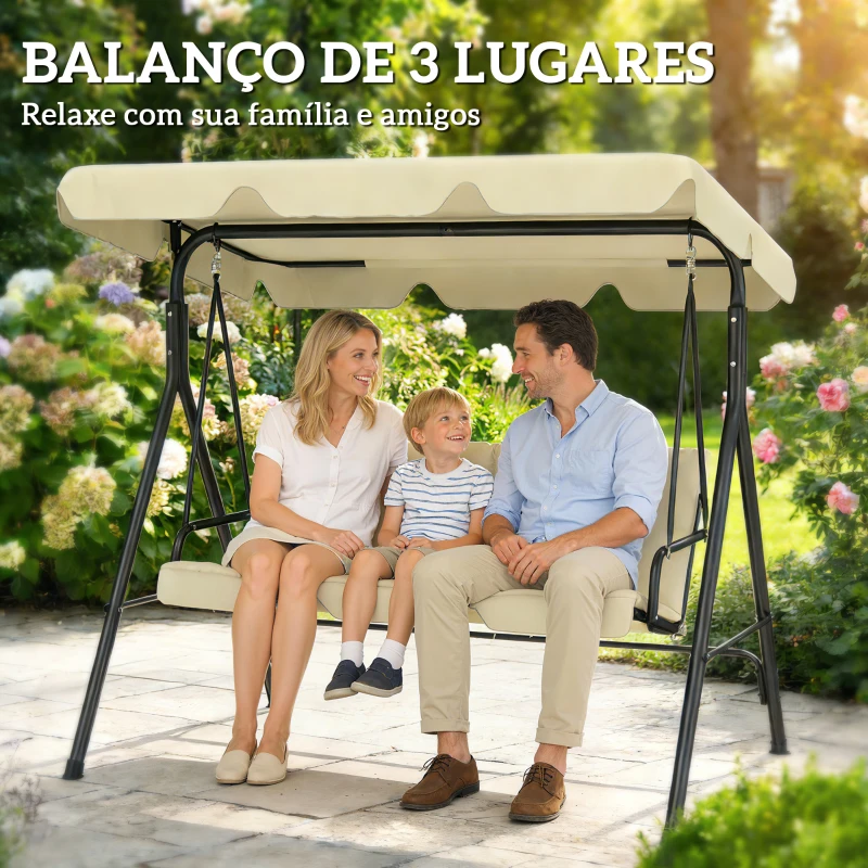 Outsunny Baloiço de Jardim  de 3 Lugares Baloiço com Teto Ajustável Almofada e Estrutura em Aço 172x118x153 cm Bege