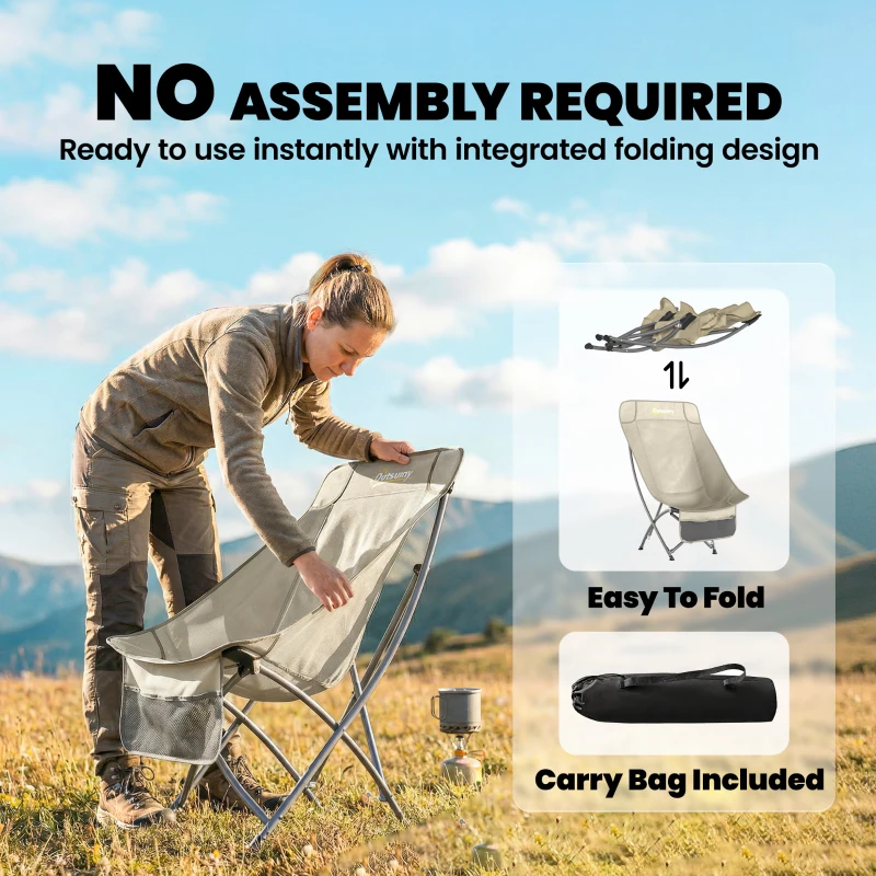 Outsunny Camping Chair for Adults Heavy Duty Folding Camp Chair with Side Pocket and Carry Bag Khaki