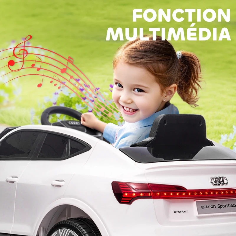 HOMCOM Voiture électrique enfants sous Licence Audi e-tron Sportback, véhicule électrique 12V Max. 5 Km/h avec télécommande 2,4G, phares LED, musique, klaxon, port USB, MP3, blanc
