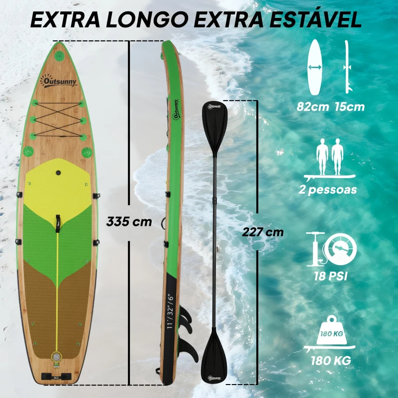 Outsunny Prancha Paddle Surf Insuflável SUP Extra Longa de 335 cm com Assento Remo Conversível Quilhas Bomba e Mochila Carga 180 kg