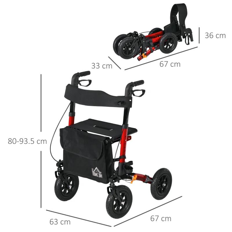 HOMCOM Lightweight Walking Frame, Rubber Wheels, Rollator Walker with Seat and Wheels with Adjustable Handle, Bag, Red