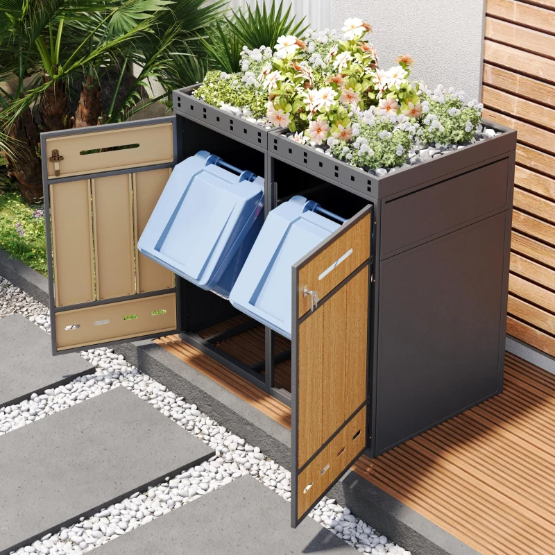 Doppel-Mülltonnenbox, 2‑fach Abfalltrennsystem, 132x80x124 cm, Grau+Naturfarbe