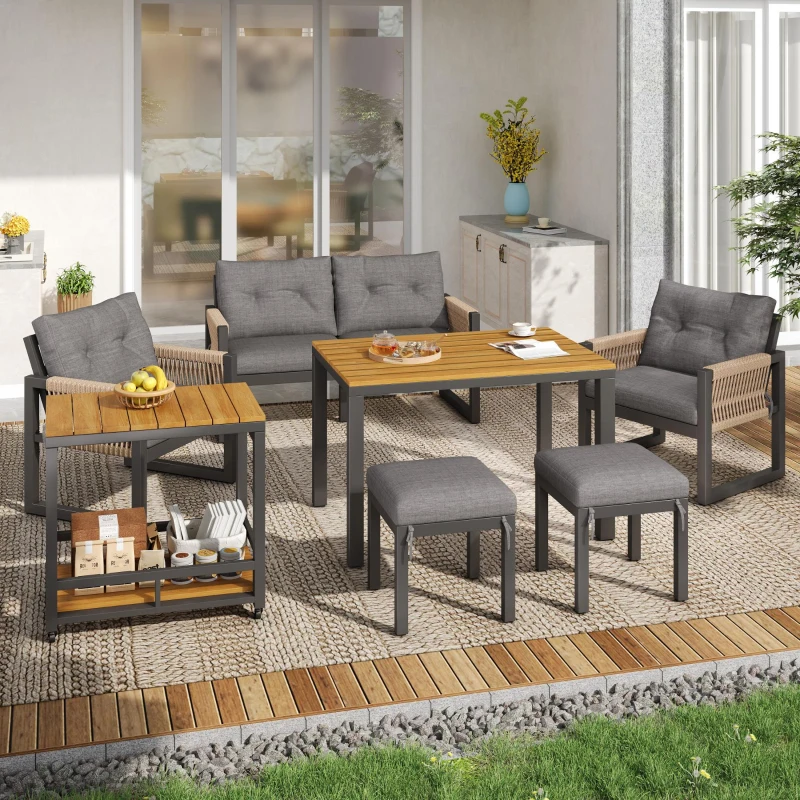 Set de sofá moderno para exterior, mesa desmontable, reposabrazos trenzados y cojines de asiento gruesos, Gris+Color natural
