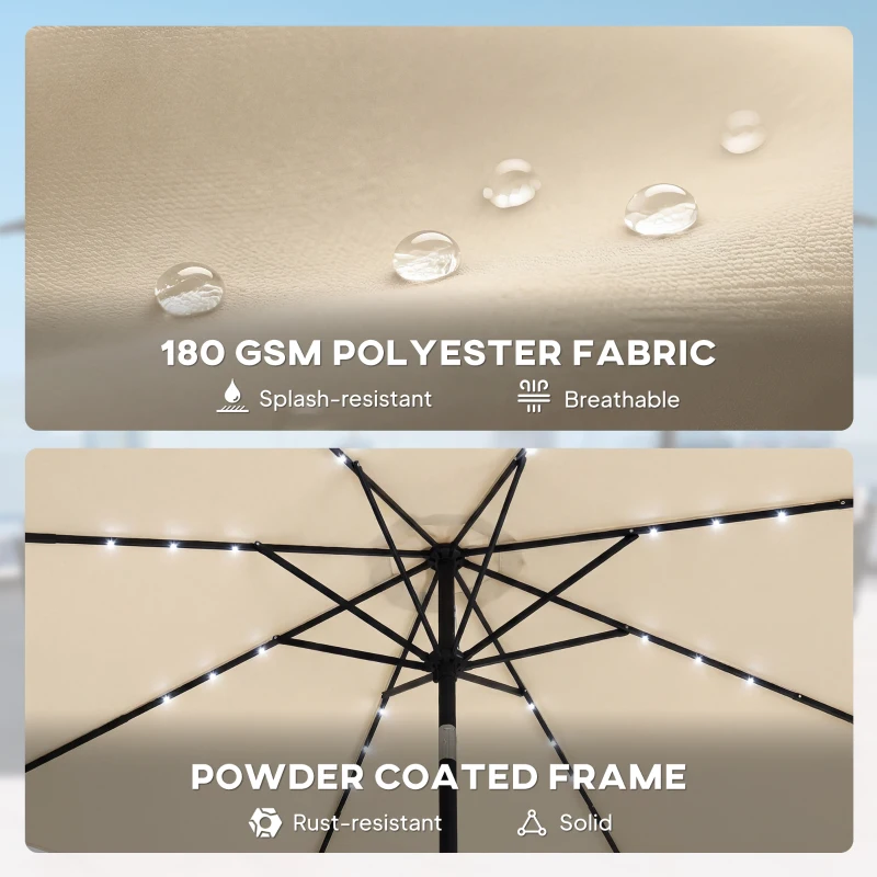 Outsunny 2.6 m Garden Parasol Umbrella with LED Solar Light, Parasol Cover, Outdoor Market Patio Umbrella, Beige