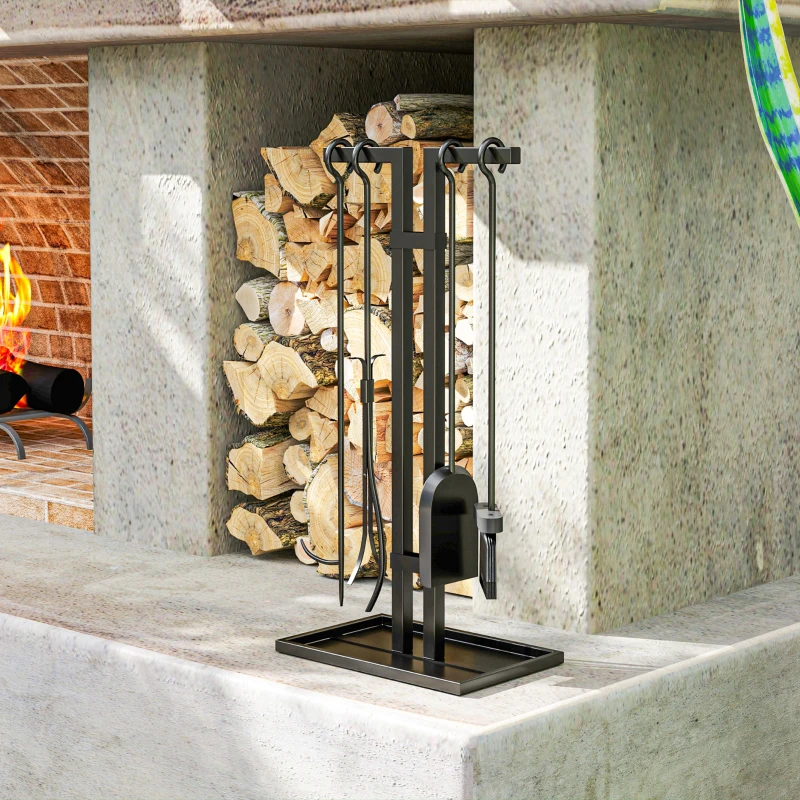 Outsunny Set servitor pentru șemineu 5 piese, unelte pentru șemineu, din metal, mătură, lopată, clește, tisonier și suport, negru