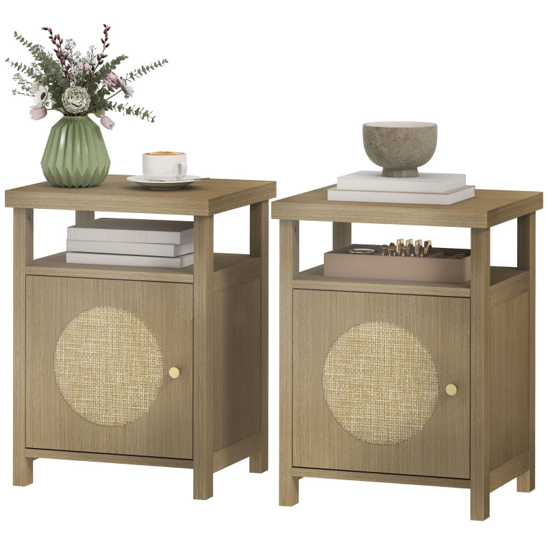 HOMCOM Set de 2 noptiere înguste masă auxiliară compartiment deschis dulap finisaj ratan, 40 x 35 x 55 cm maro