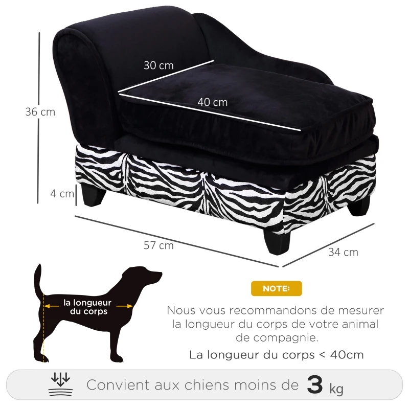 PawHut Méridienne canapé design pour chien chat avec coffre de rangement sur pied 57 x 34 x 36 cm noir zébré
