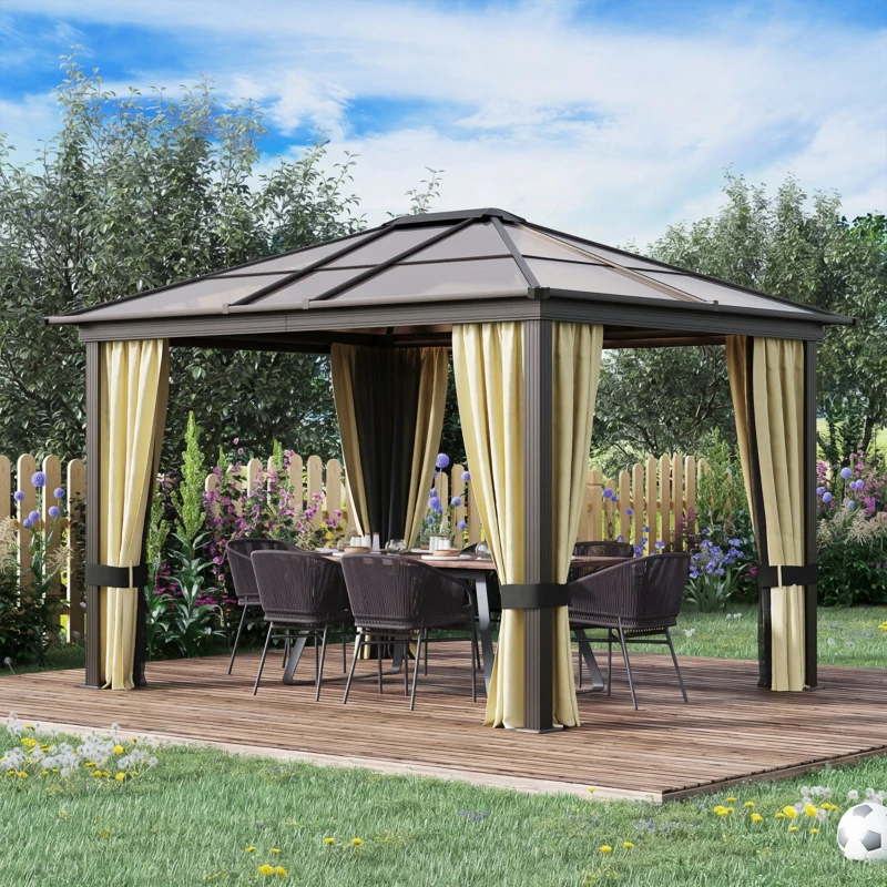 Outsunny Cenador para Jardín 3x3,6 m con Marco de Alumnio Pabellón para Exterior con Techo de Policarbonato Anti-UV Gazebo para Fiestas Eventos Beige