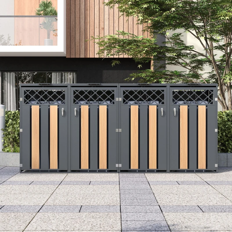 Mülltonnenbox mit hydraulisch gestütztem Klappdeckel, 4 separate Fächer, für Außenbereich, 264x80x118.5 cm, Grau+Naturfarbe