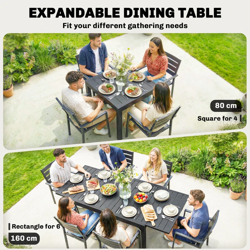 Outsunny Expandable Patio Dining Table for 4-6 People, 80-160 cm Aluminium Extendable Outdoor Patio Table with Slatted Top, Black