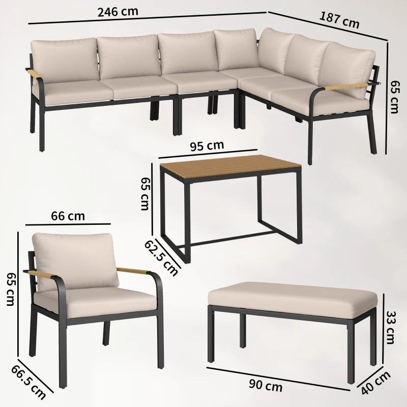 Outsunny 7 Seater Garden Furniture Set, Metal Garden Sofa Set with Cushions, Outdoor Furniture Conversation Sets, Khaki