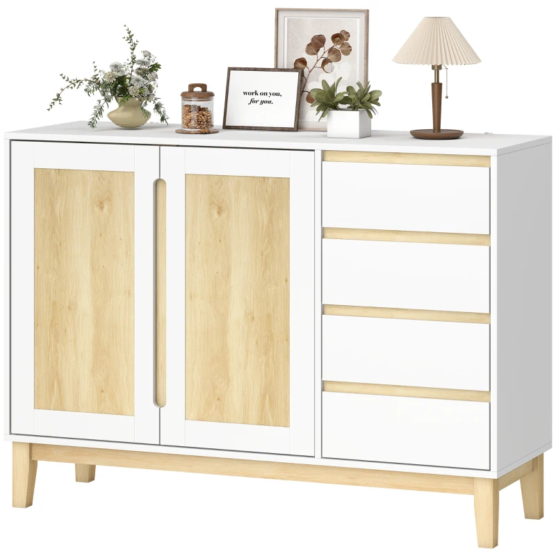 HOMCOM Bufet, mobilier de depozitare cu 2 uși și 4 sertare, raft reglabil, 120 x 40 x 86 cm, alb și stejar