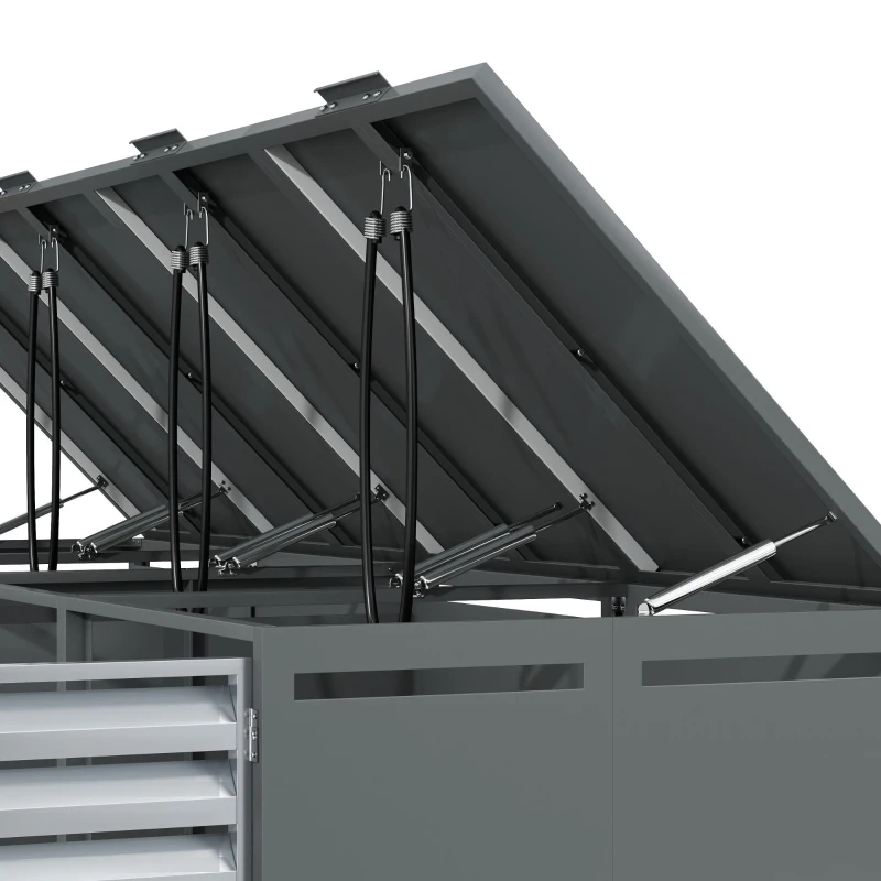 Mülltonnenbox mit hydraulischem Klappdeckel, 4-türiges Aufbewahrungsmodul, Lüftungslamellen, 264x80x118,5 cm, Grau+Naturfarbe