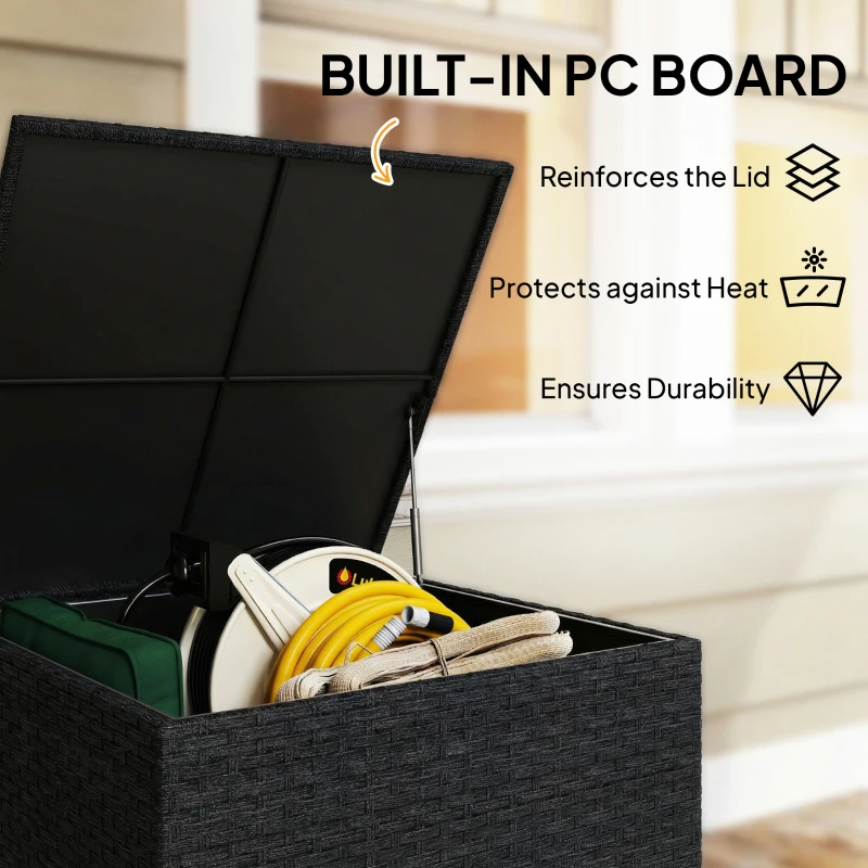 Outsunny 253L Garden Storage Box, Rattan Deck Box with Zipped Liner, Safe Pneumatic Rod, Patio Storage Container, Black