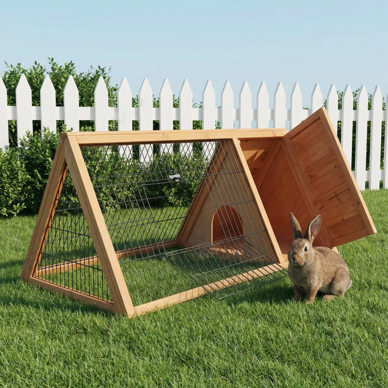 PawHut Wooden Rabbit Hutch Triangle Bunny Ferret Cage Guinea Pig Run Small Animal Hutch Yellow 116 x 62.2 x 52.5 cm