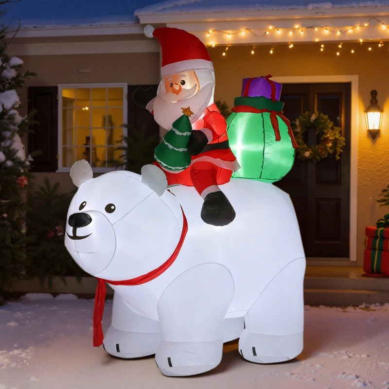 Outsunny Moș Crăciun gonflabil pe urs polar 200 cm, 5 lumini LED, decorațiune de Crăciun pentru interior și exterior, alb