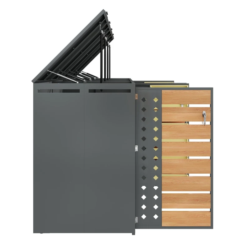 Mülltonnenbox mit 4‑fach Aufbewahrung, rautenförmiger Seitenperforation für Belüftung, 264x80x118,5 cm, Grau+Naturfarbe