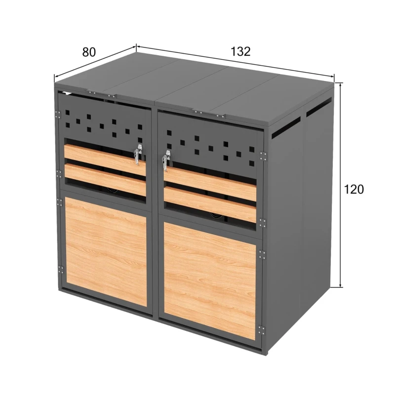 Mülltonnenbox mit hydraulischem Klappdeckel, vier abschließbare Fächer, rautenförmige Belüftung, 264x80x120 cm, Grau+Naturfarbe