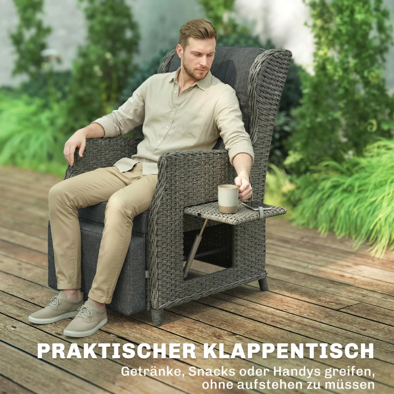 Outsunny Rattanstuhl mit Klapptisch, Liegestuhl Gartenstuhl Verstellbare Rückenlehne und Fußstütze 81 x 58 x 98,5 cm Dunkelgrau