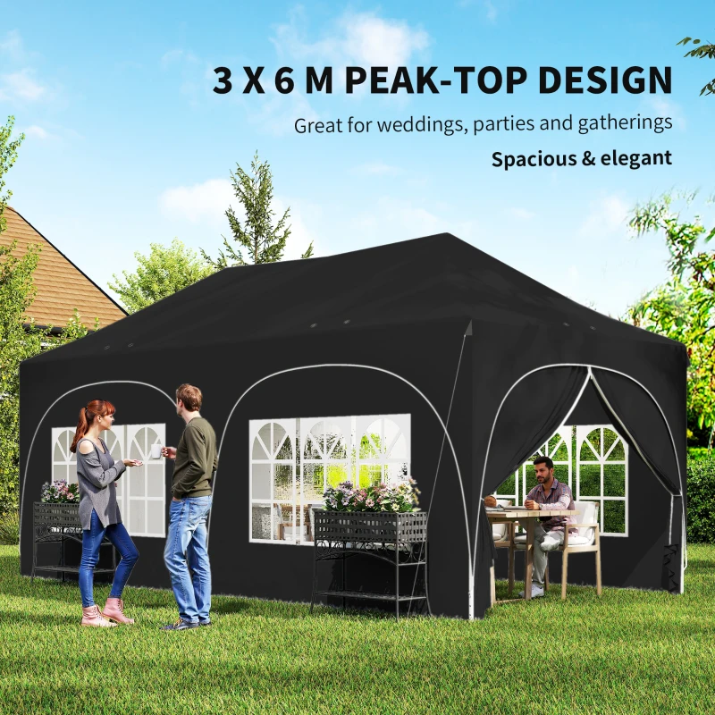 Outsunny 3 x 6m Pop Up Gazebo Shelter with Sides, 6 Sandbags, Peak Top Garden Party Tent Marquee with Carry Bag, Black