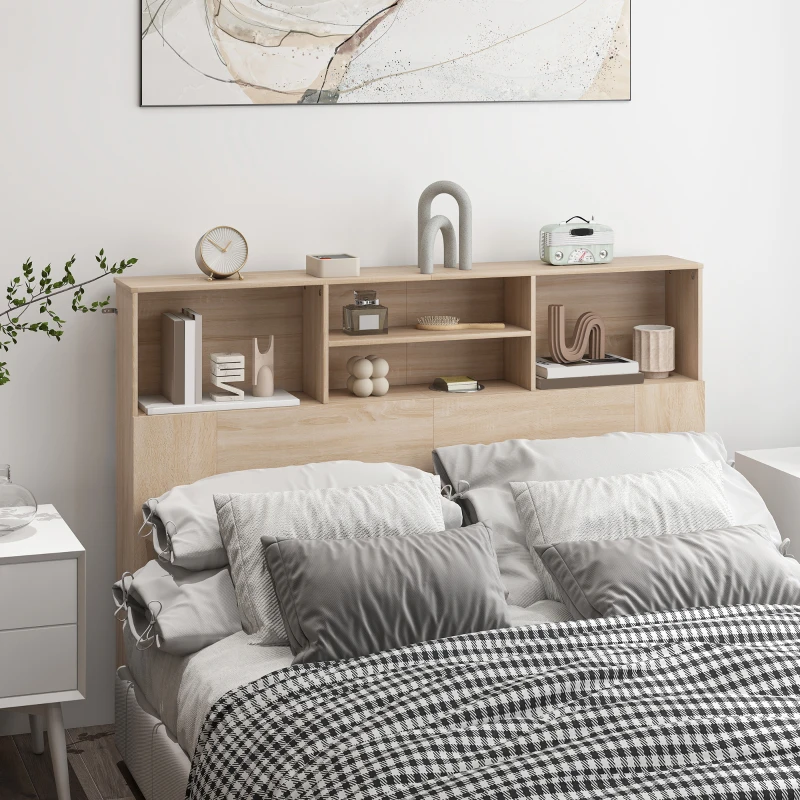 HOMCOM Tăblie pe picioare cu depozitare, accesoriu pentru pat cu 4 compartimente deschise, 140 x 19 x 103,5 cm, efect lemn natural