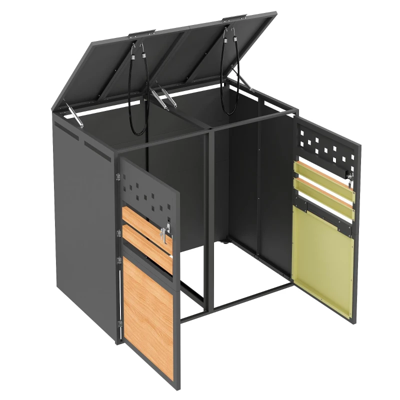 Mülltonnenbox mit hydraulischem Klappdeckel, abschließbaren Doppeltüren und zwei Fächern, 132x80x120 cm, Grau+Naturfarbe