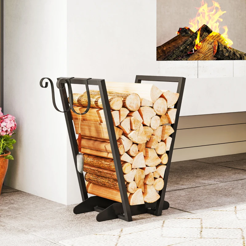 Outsunny Range-bûches porte bûche en acier avec 2 crochets et étagère inférieure pour intérieur et extérieur 45 x 32 x 58 cm noir