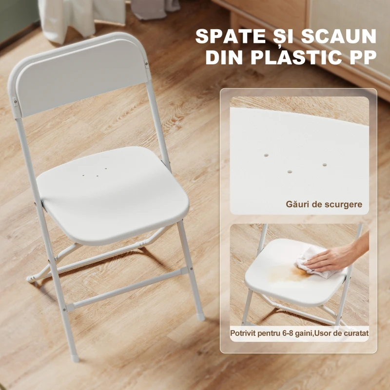 HOMCOM Set de 6 Scaune Pliabile din PP cu Orificii de Drenaj, Scaune Economice Portabile din Oțel, Scaun Pliabil pentru Interior, Casă, Birou, Bucătărie, Evenimente, 45x49x79,5 cm, Alb