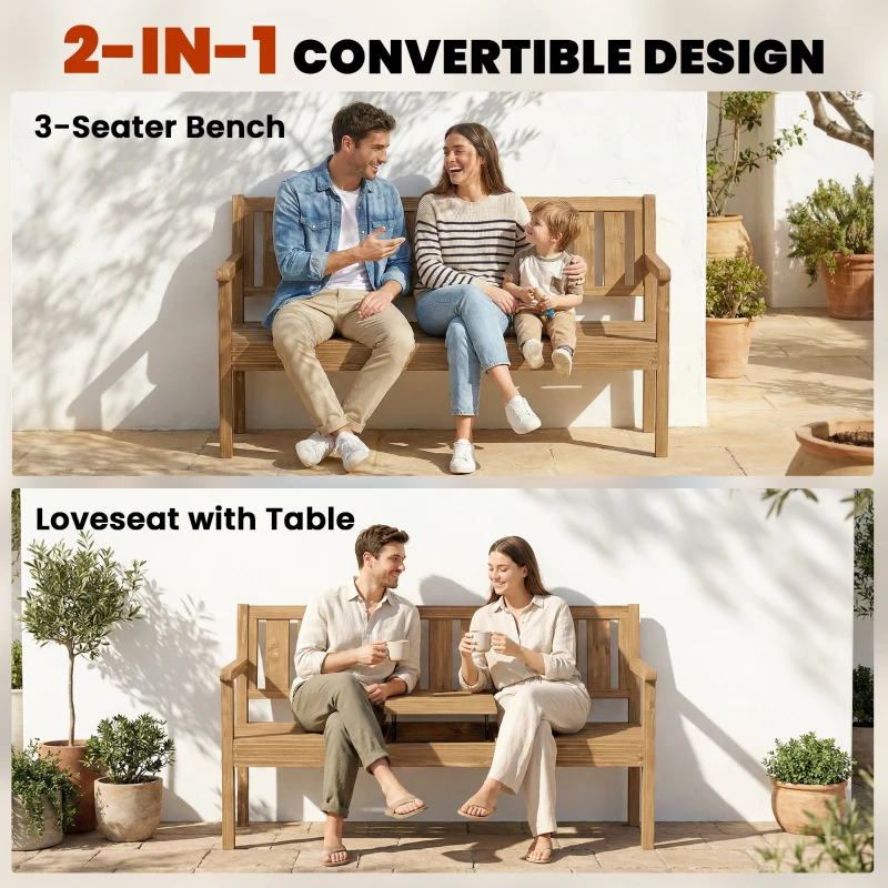 Outsunny Wooden Garden Loveseat with Liftable Table & Shelf, 2-3-Seater Outdoor Bench, Fir Wood Jack and Jill Garden Seat, Teak