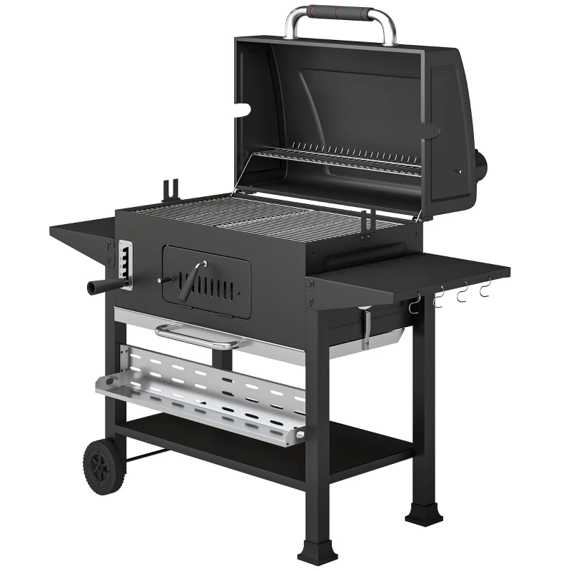 Outsunny Charcoal BBQ Grill Smoker with Electric Rotisserie Kit, Portable Barbecue Grill with Warming Rack, Black