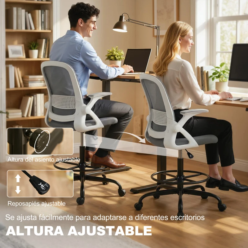 HOMCOM Silla de Escritorio de Malla Silla de Dibujo con Reposabrazos Abatibles Altura Ajustable Reposapiés Gris