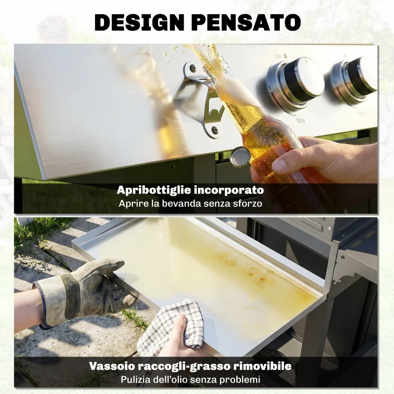 Outsunny Barbecue a Gas con 3 Fuochi e Bruciatore Laterale, 109x50x109 cm, Nero