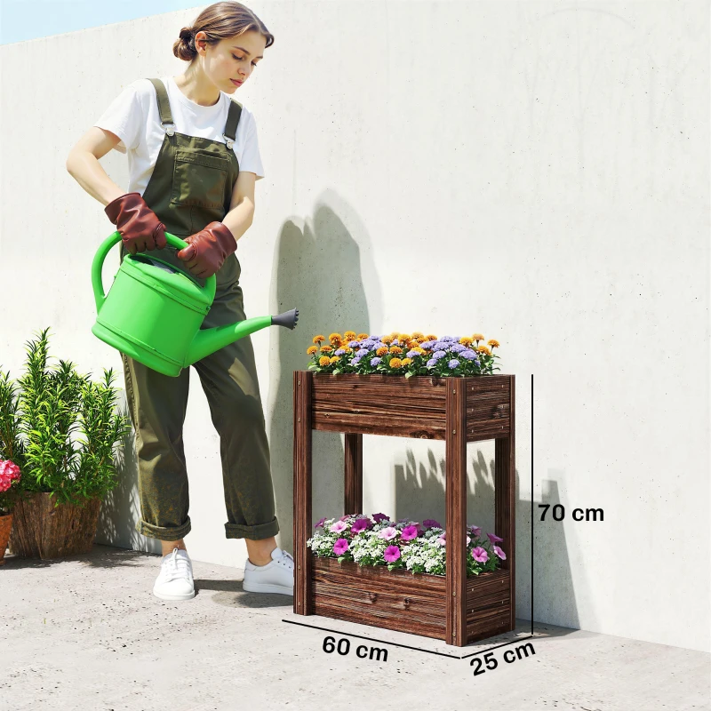 Outsunny 2-Tier Wooden Raised Planter, Raised Garden Bed on Legs with Drainage Holes and Bed Liner, Elevated Garden Planter
