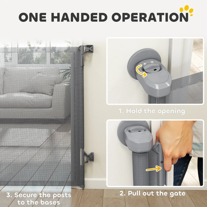 PawHut Retractable Dog Gate, Extends to 140 cm Wide & 93 cm Tall, Mesh Pet Gate with Single Hand Operation, for Stairs Doorways