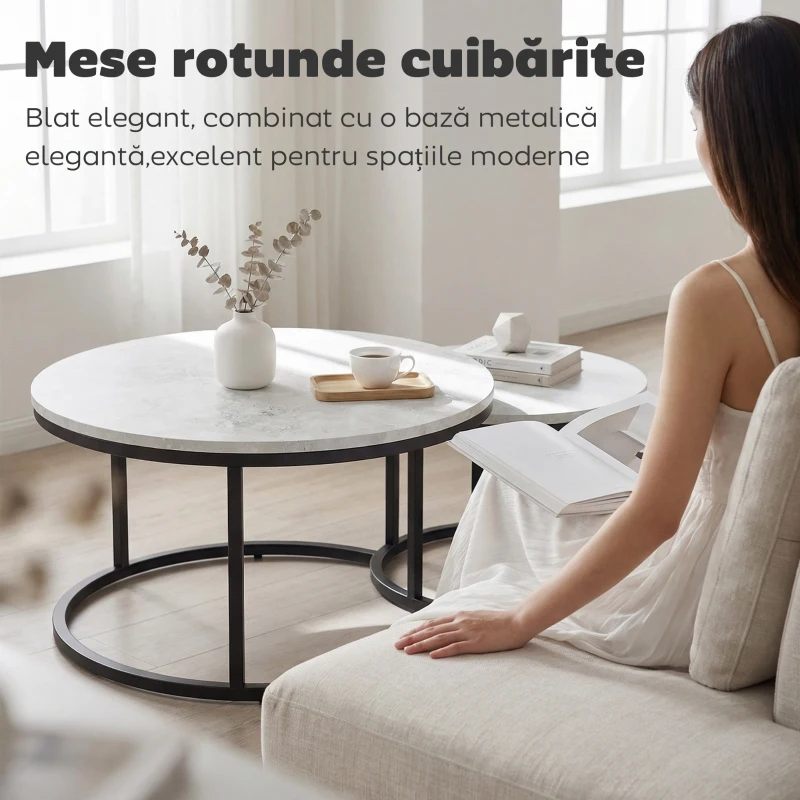 HOMCOM Set de 2 măsuțe de cafea rotunde suprapuse din metal și MDF cu efect de marmură, gri și negru