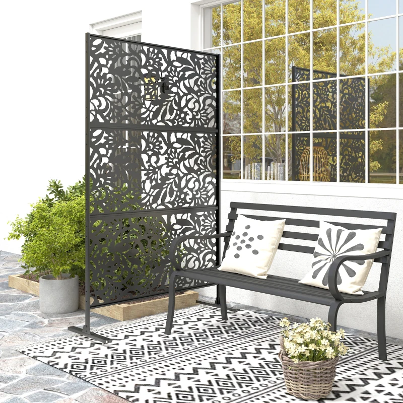 Outsunny Panneau Brise Vue décoratif Extérieur Claustra Décoratif Jardin 3 Panneaux à motif floral Acier 122 x 45 x 198 cm Noir