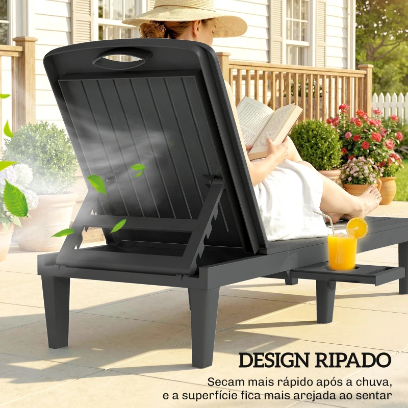 Outsunny Conjunto de 2 Espreguiçadeiras Reclináveis de Plástico PP com Bandeja Lateral Encosto Ajustável em 5 Posições 192x57x28,5 cm Cinzento
