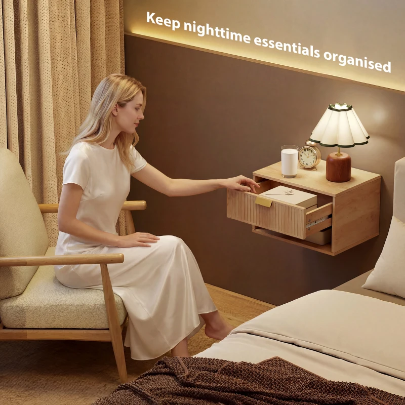 HOMCOM Set of 2 Wall Mounted Nightstands, Floating Bedside Tables with Fluted Drawer and Open Shelf for Small Bedroom, Oak