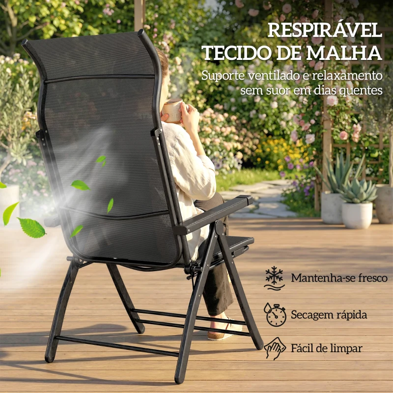 Outsunny Conjunto de 2 Cadeiras Dobráveis Reclináveis de Jardim Exterior com Encosto Alto Ajustável em 5 Posições Apoio para Pés Cinza Escuro