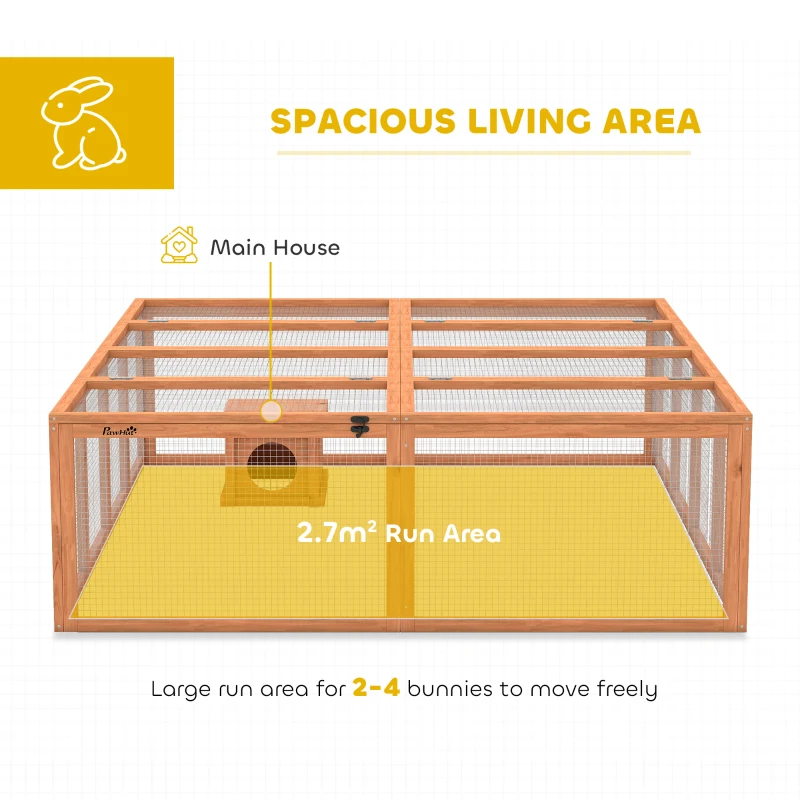PawHut Domek dla królików z drewnianym wybiegiem, otwieranym dachem, drzwiami, schronieniem dla 2-4 miniaturowych królików, 180,4 x 150 x 48 cm, pomarańczowy