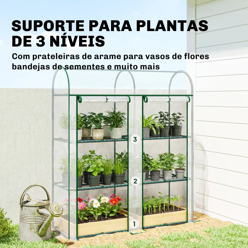 Outsunny Estufa Pequena de 3 Níveis 2 Portas Enroláveis Estrutura de Aço Cobertura de Plástico 143x46x164 cm Transparente