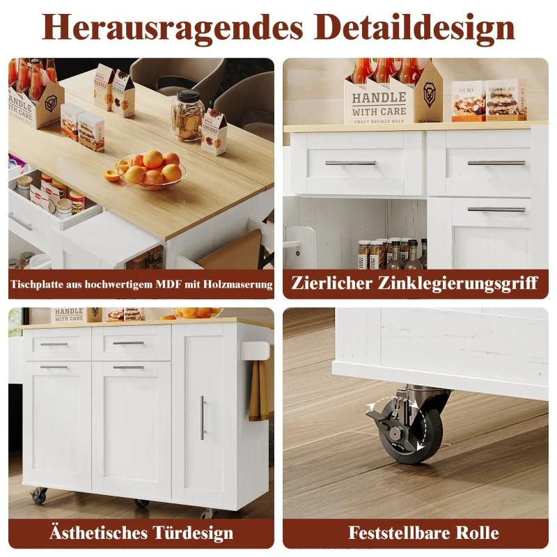 Kücheninsel mit klappbarer Tischplatte, Speisewagen mit Snackregalen und Stretchfunktionsschränken, 134,5 x 46/74 x 90,5 cm, Weiß(m-6)