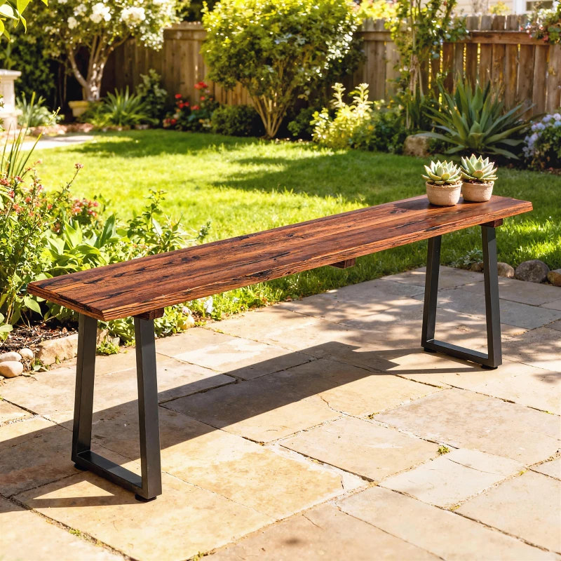 Outsunny Banco de Jardim em Madeira sem Encosto, Pés Trapezoidais em Aço, 2 Lugares com Efeito Madeira, 150x28x48cm, Carbonizado